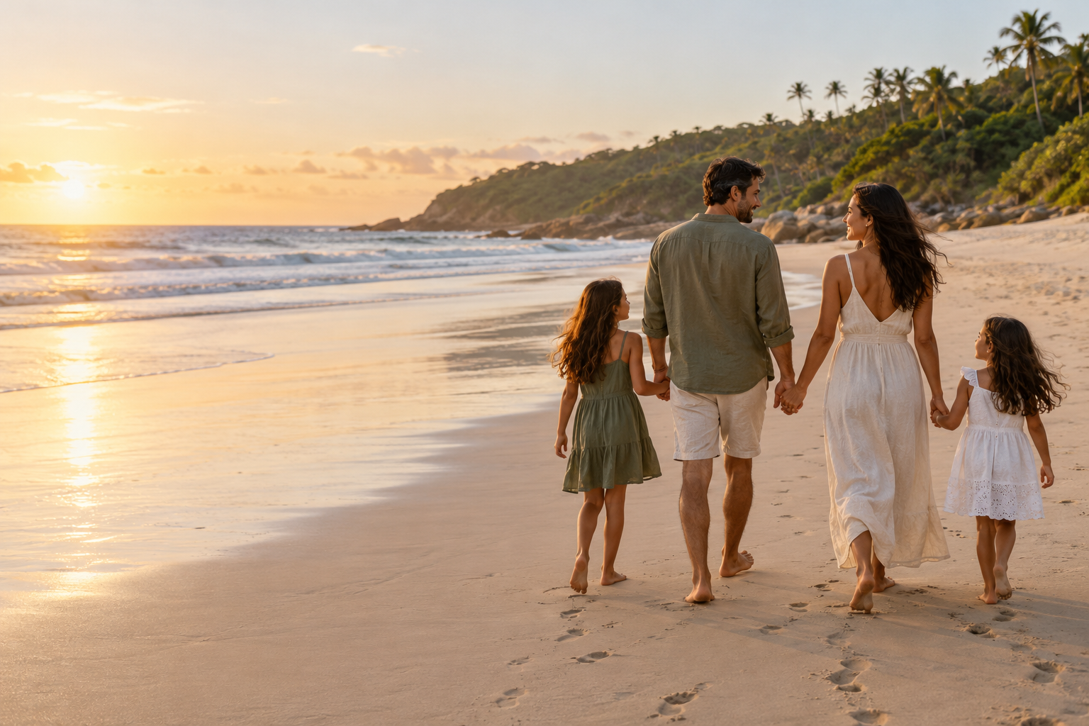 Família caminhando na praia ao entardecer